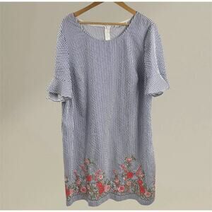 STUDIO ONE New York 2XL White & Blue Stripes Floral Embroidered Dress Old Money